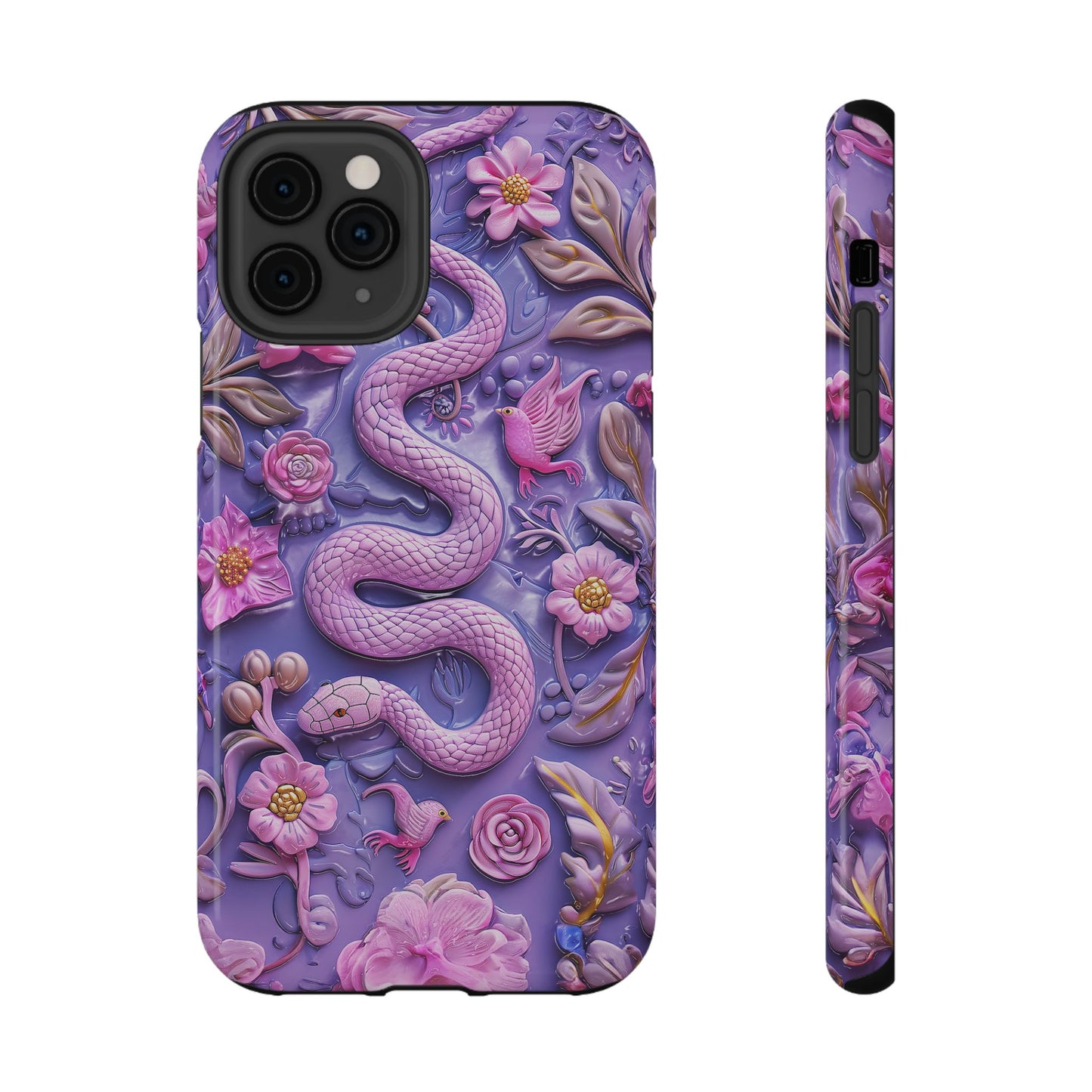 Embroidery look Cute Pink Snakes and Flowers Impact Resistant Phone Case