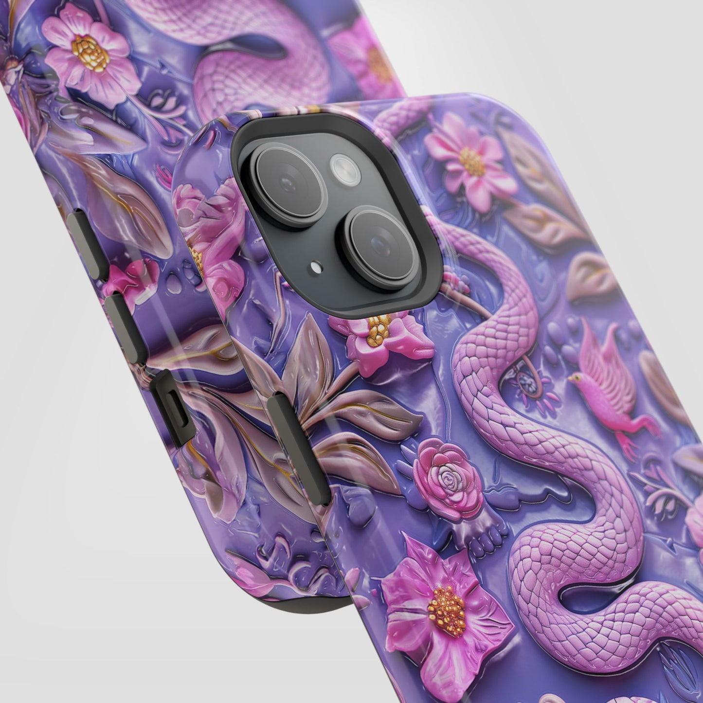 Embroidery look Cute Pink Snakes and Flowers Impact Resistant Phone Case