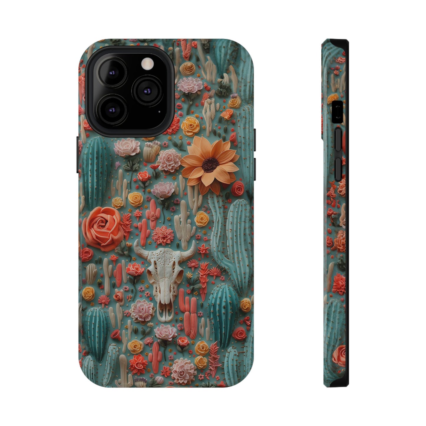 Embroidery look Cute Pink Cow Skull and Cactus| Vintage Western |  Impact Resistant Phone Case