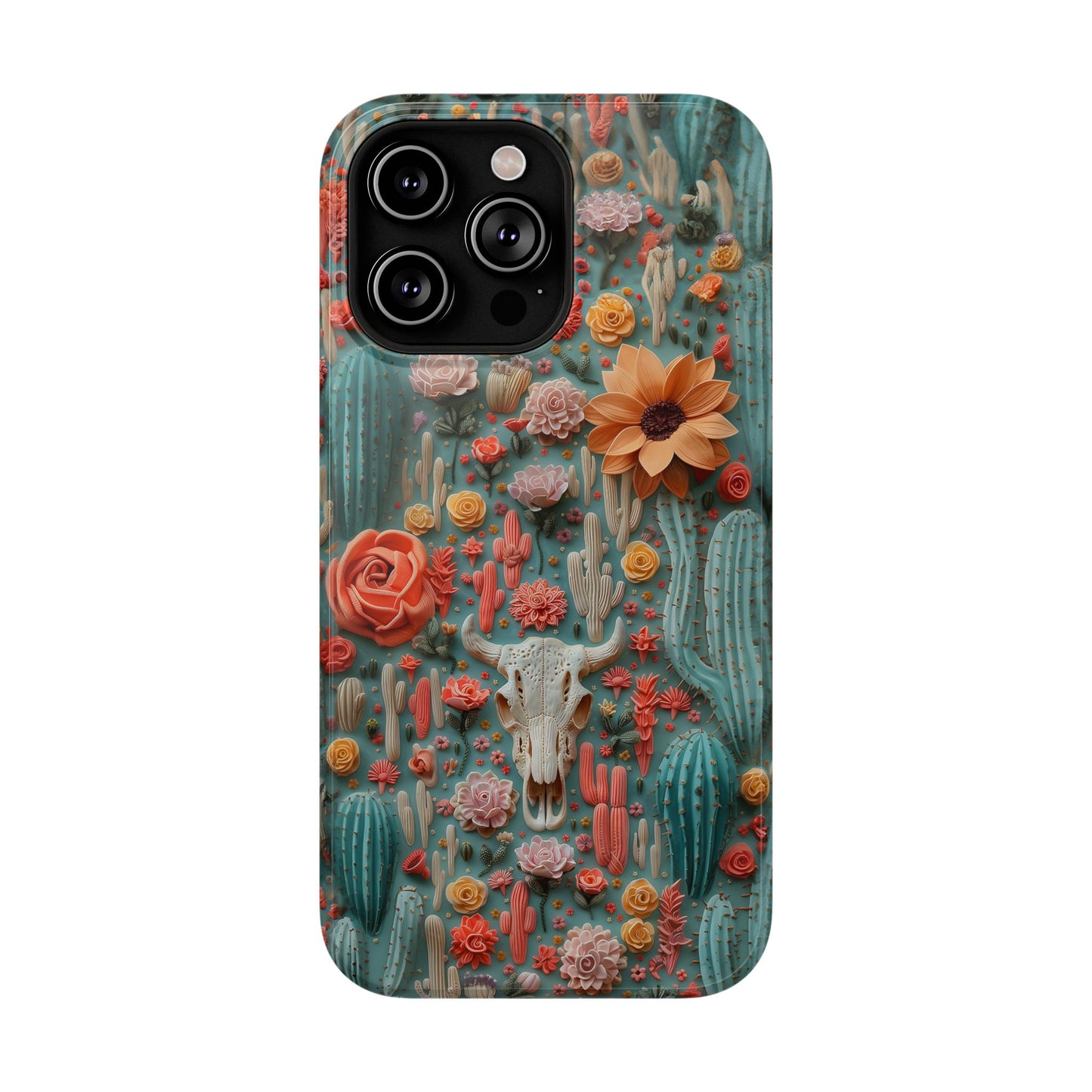 Embroidery look Cute Pink Cow Skull and Cactus| Vintage Western |  Impact Resistant Phone Case