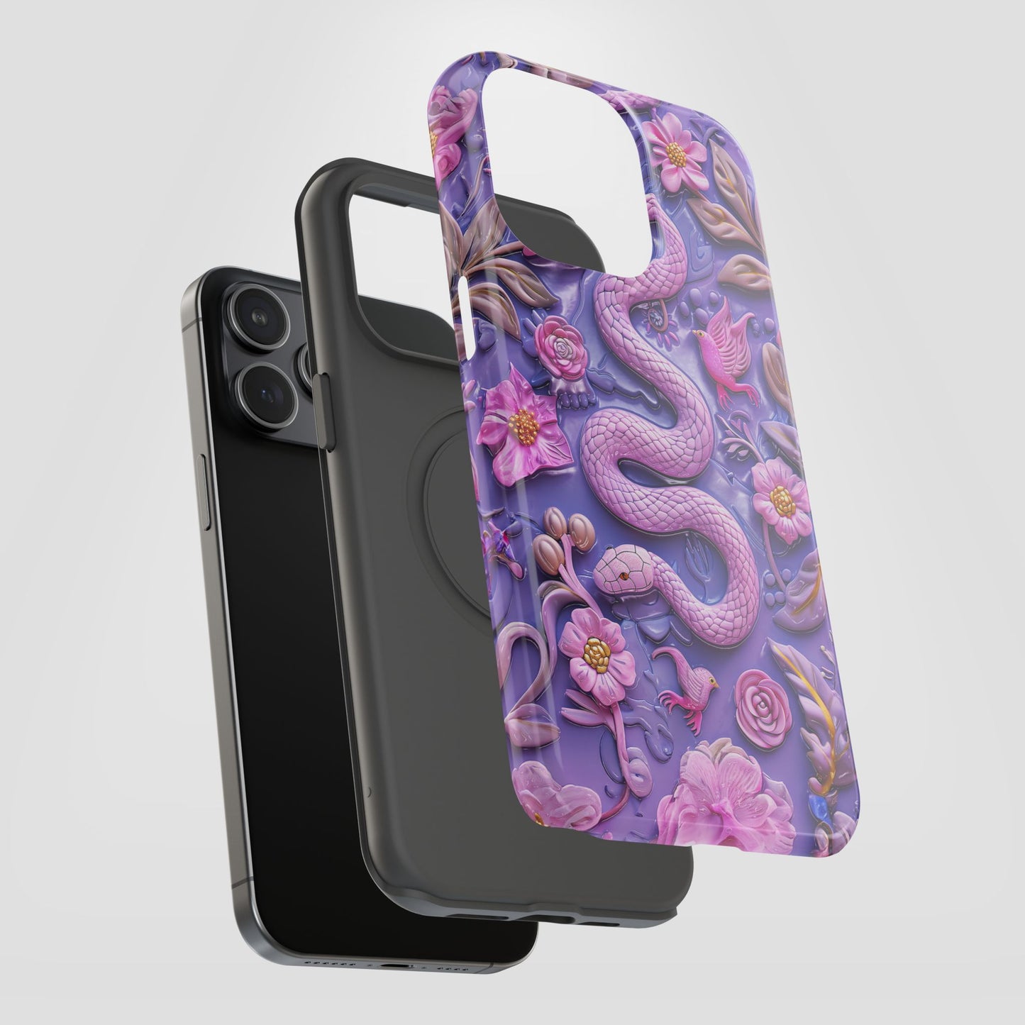 Embroidery look Cute Pink Snakes and Flowers Impact Resistant Phone Case