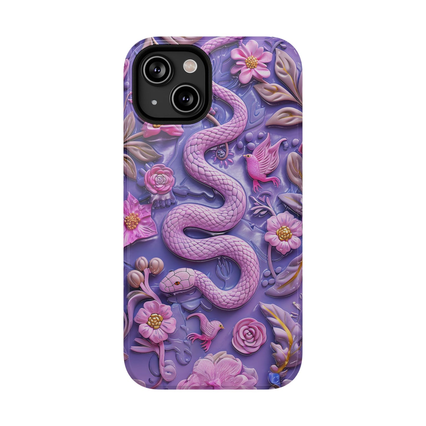 Embroidery look Cute Pink Snakes and Flowers Impact Resistant Phone Case