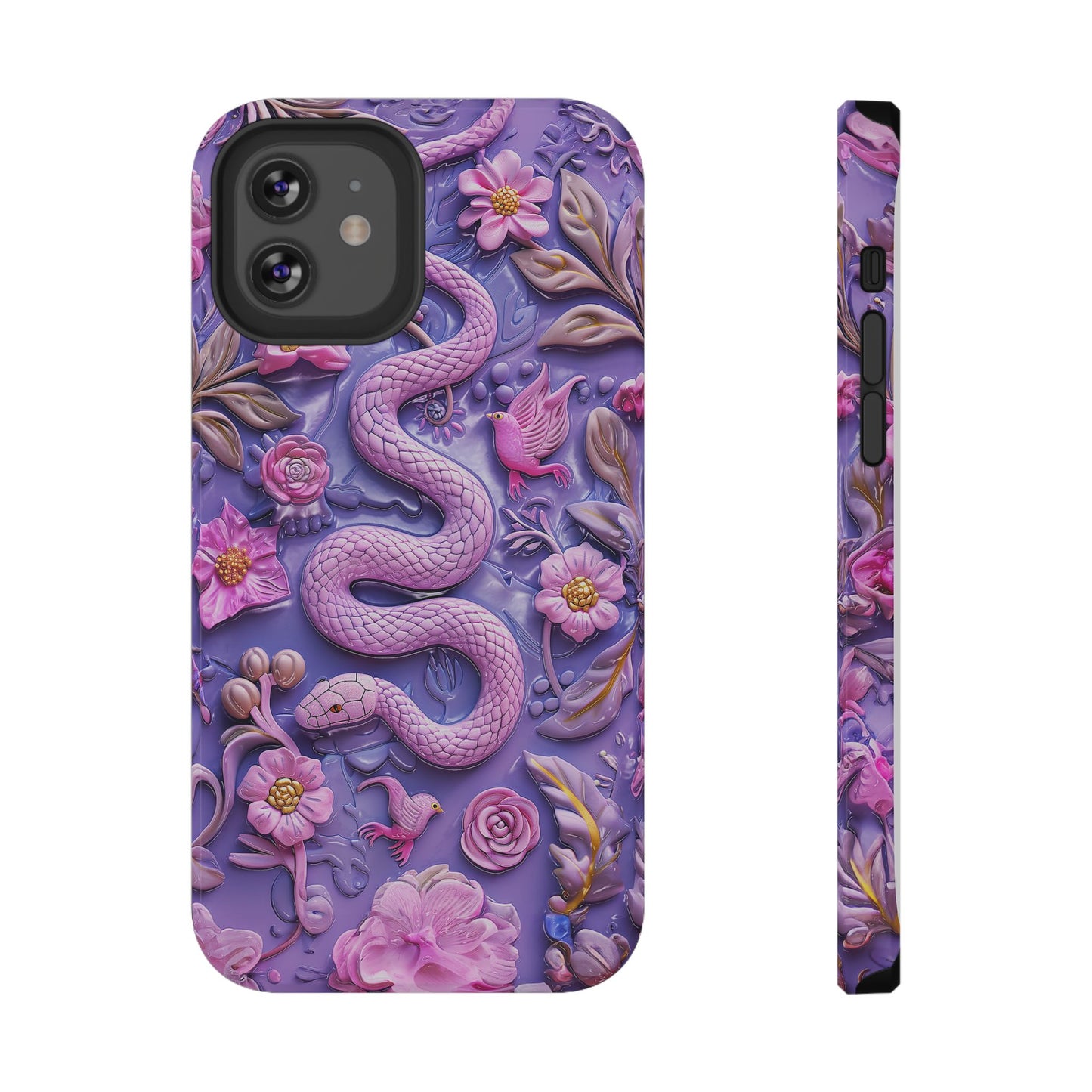 Embroidery look Cute Pink Snakes and Flowers Impact Resistant Phone Case