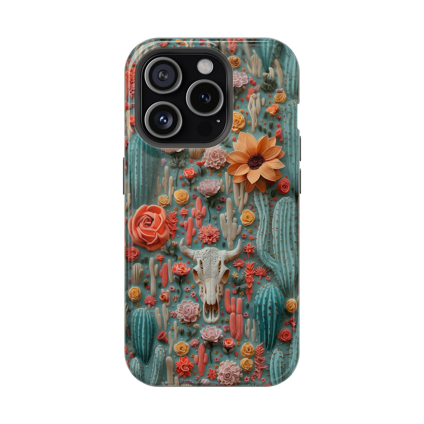 Embroidery look Cute Pink Cow Skull and Cactus| Vintage Western |  Impact Resistant Phone Case