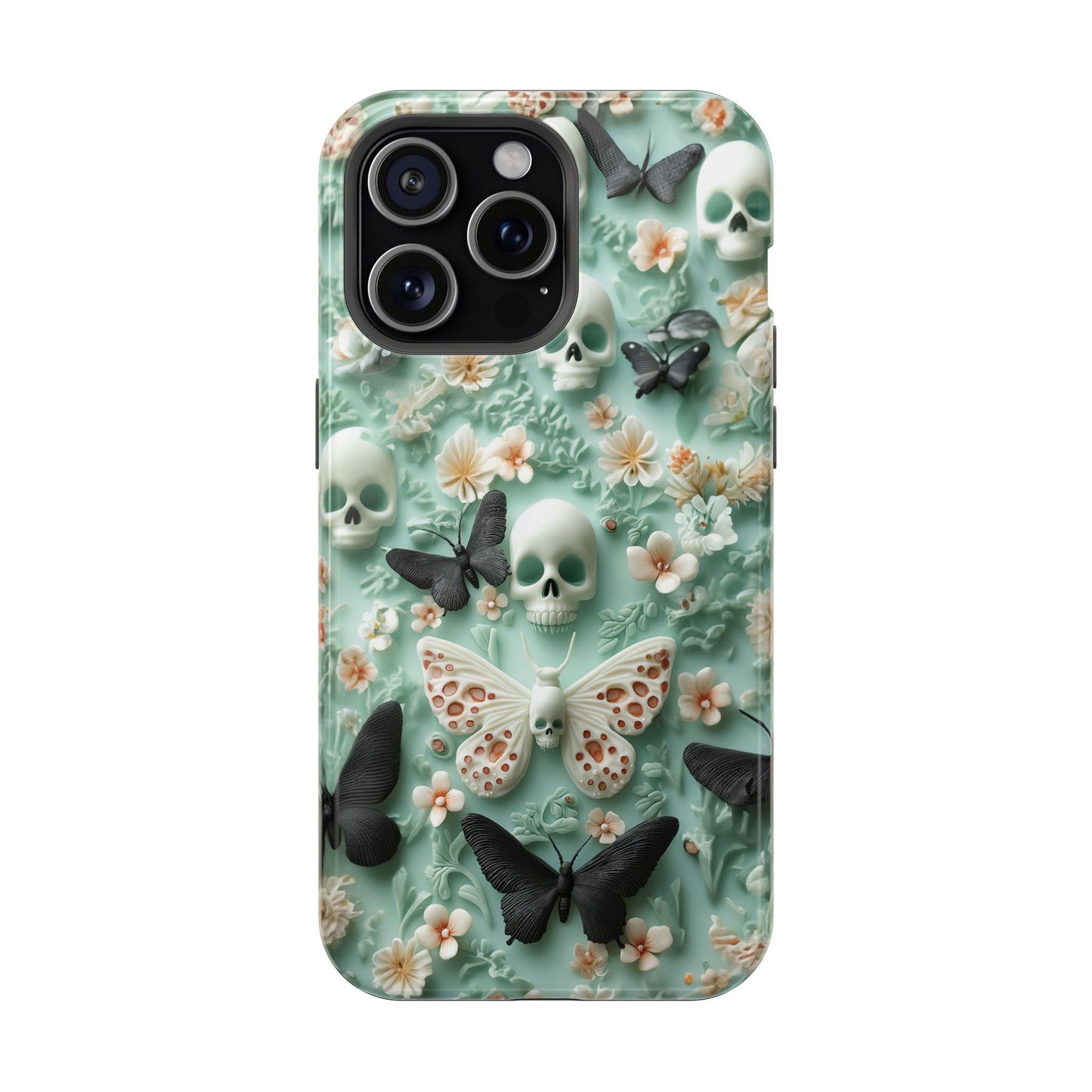 Embroidery look cute Black Butterflies Skulls | Pastel Goth | Impact Resistant Phone Case