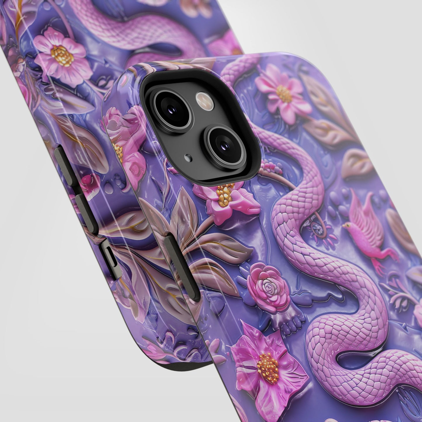 Embroidery look Cute Pink Snakes and Flowers Impact Resistant Phone Case