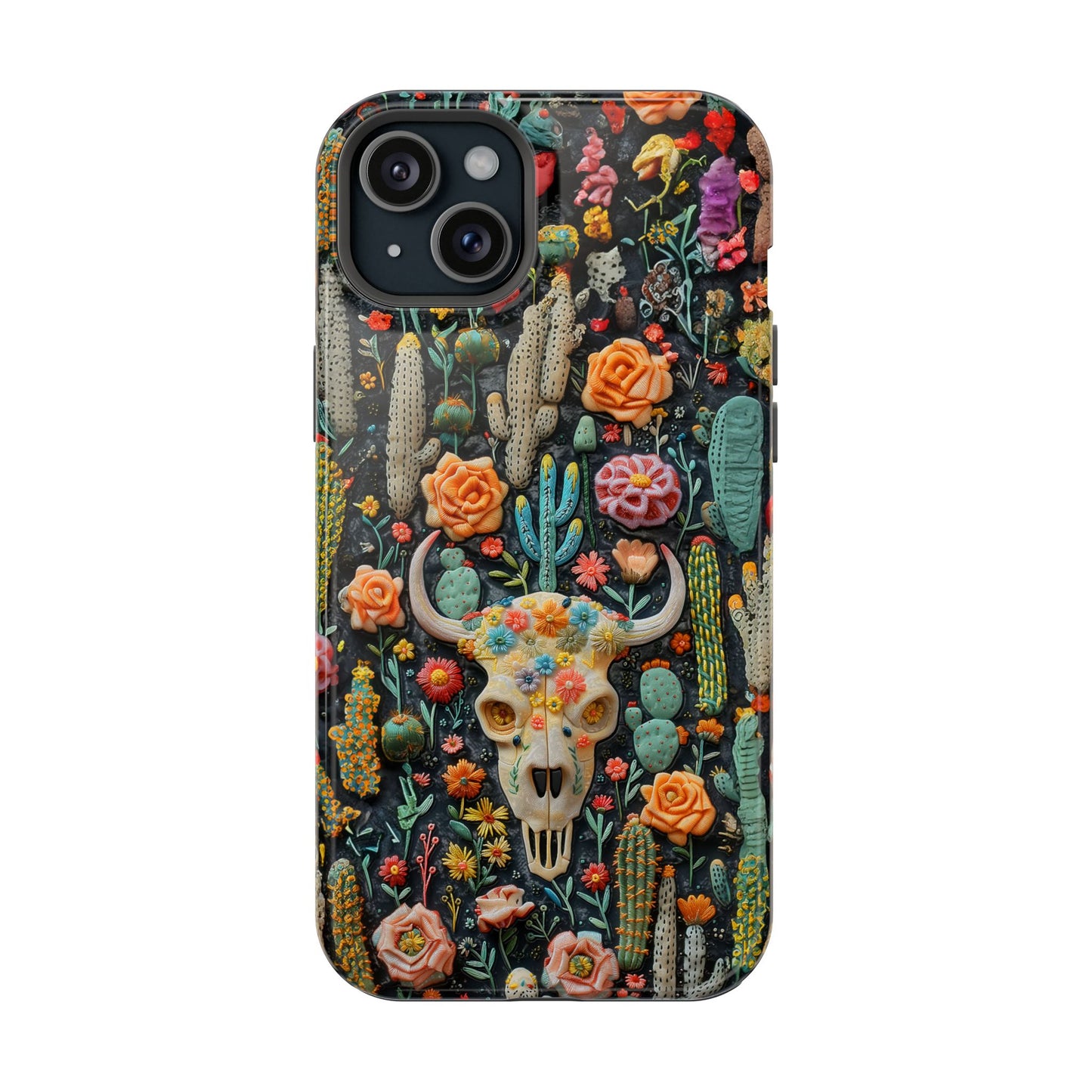 Embroidery look Cute Pink Cow Skull and Cactus| Vintage Western |  Impact Resistant Phone Case