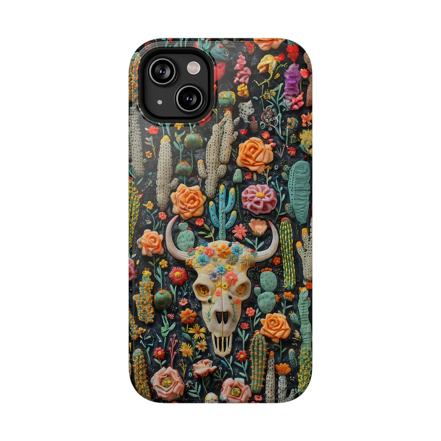 Embroidery look Cute Pink Cow Skull and Cactus| Vintage Western |  Impact Resistant Phone Case