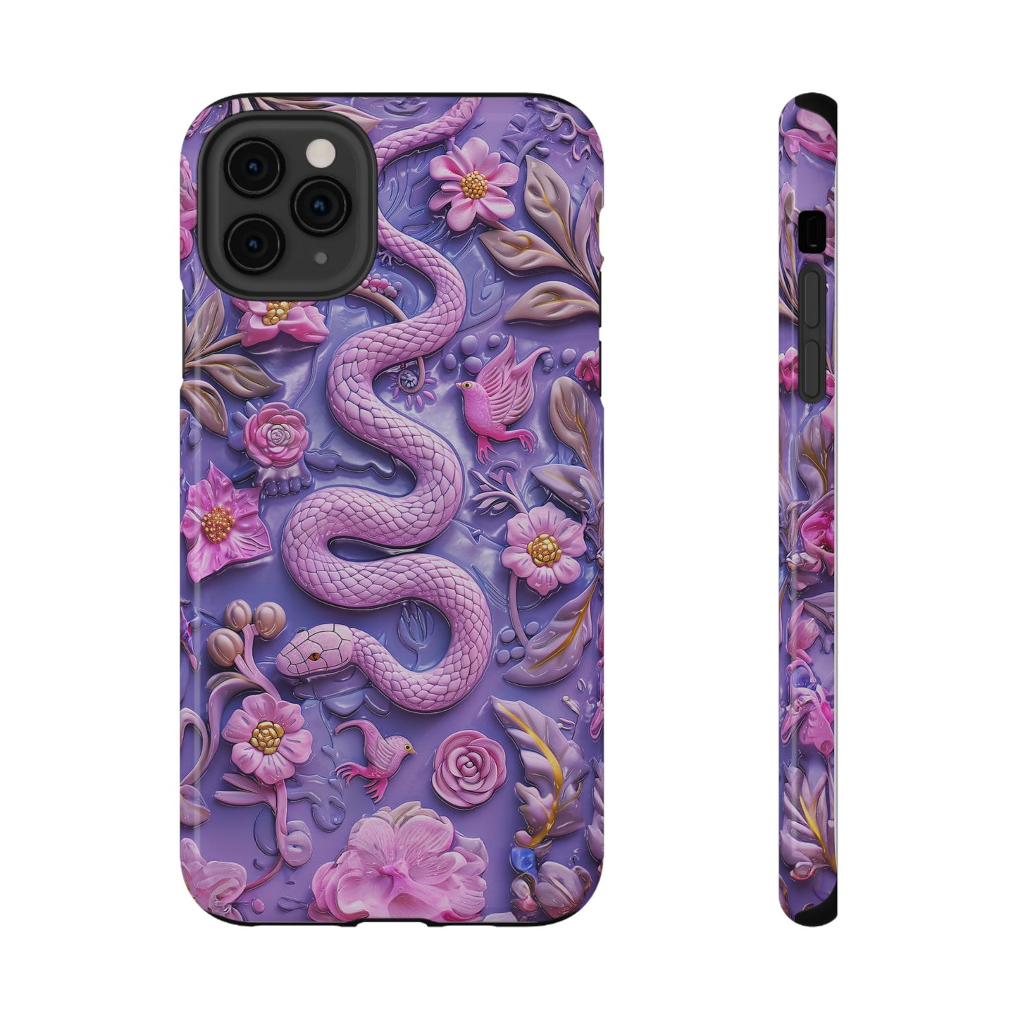 Embroidery look Cute Pink Snakes and Flowers Impact Resistant Phone Case