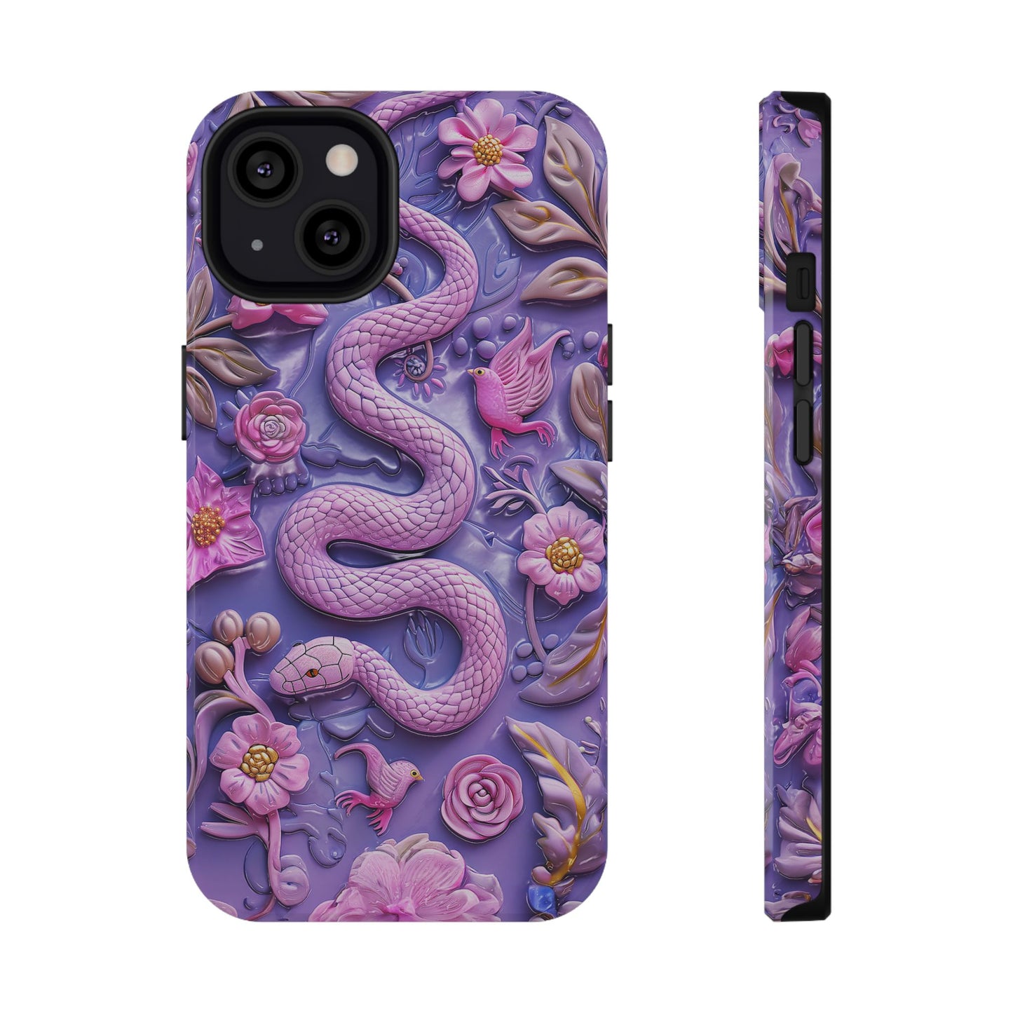 Embroidery look Cute Pink Snakes and Flowers Impact Resistant Phone Case