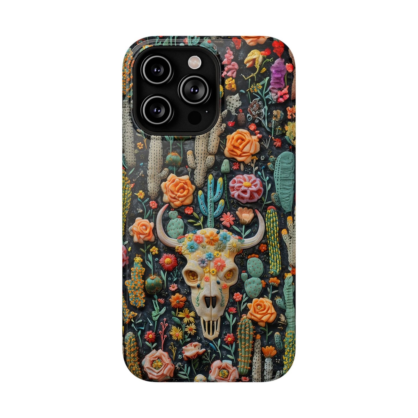 Embroidery look Cute Pink Cow Skull and Cactus| Vintage Western |  Impact Resistant Phone Case