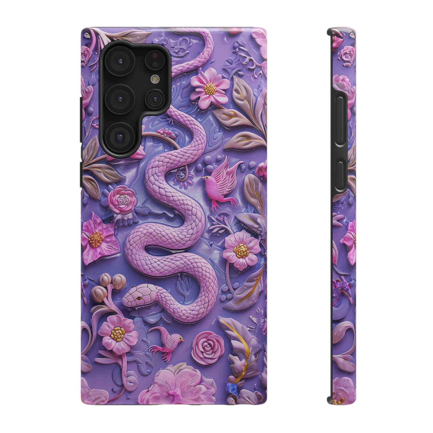 Embroidery look Cute Pink Snakes and Flowers Impact Resistant Phone Case