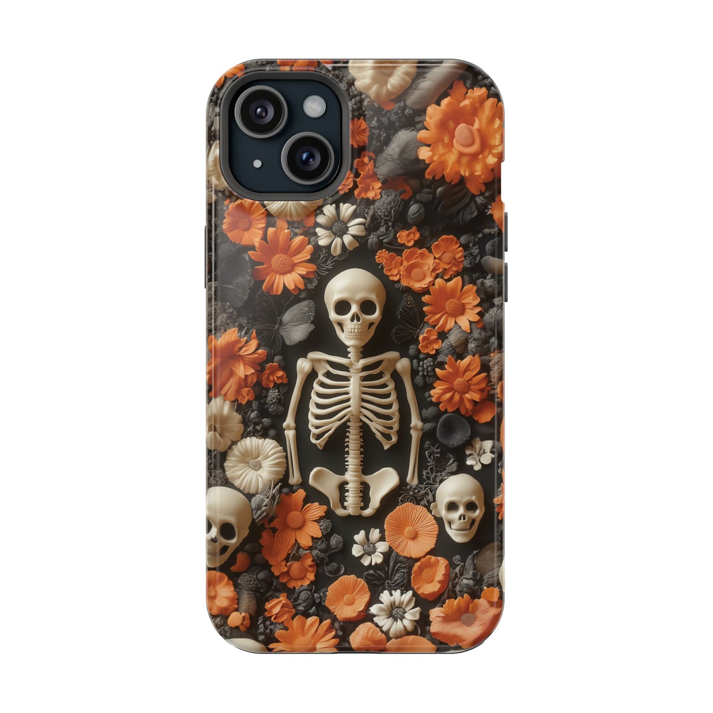 Cute Fall Skeleton and Flowers | Halloween 3D Embroidered Look | Impact Resistant Phone Case