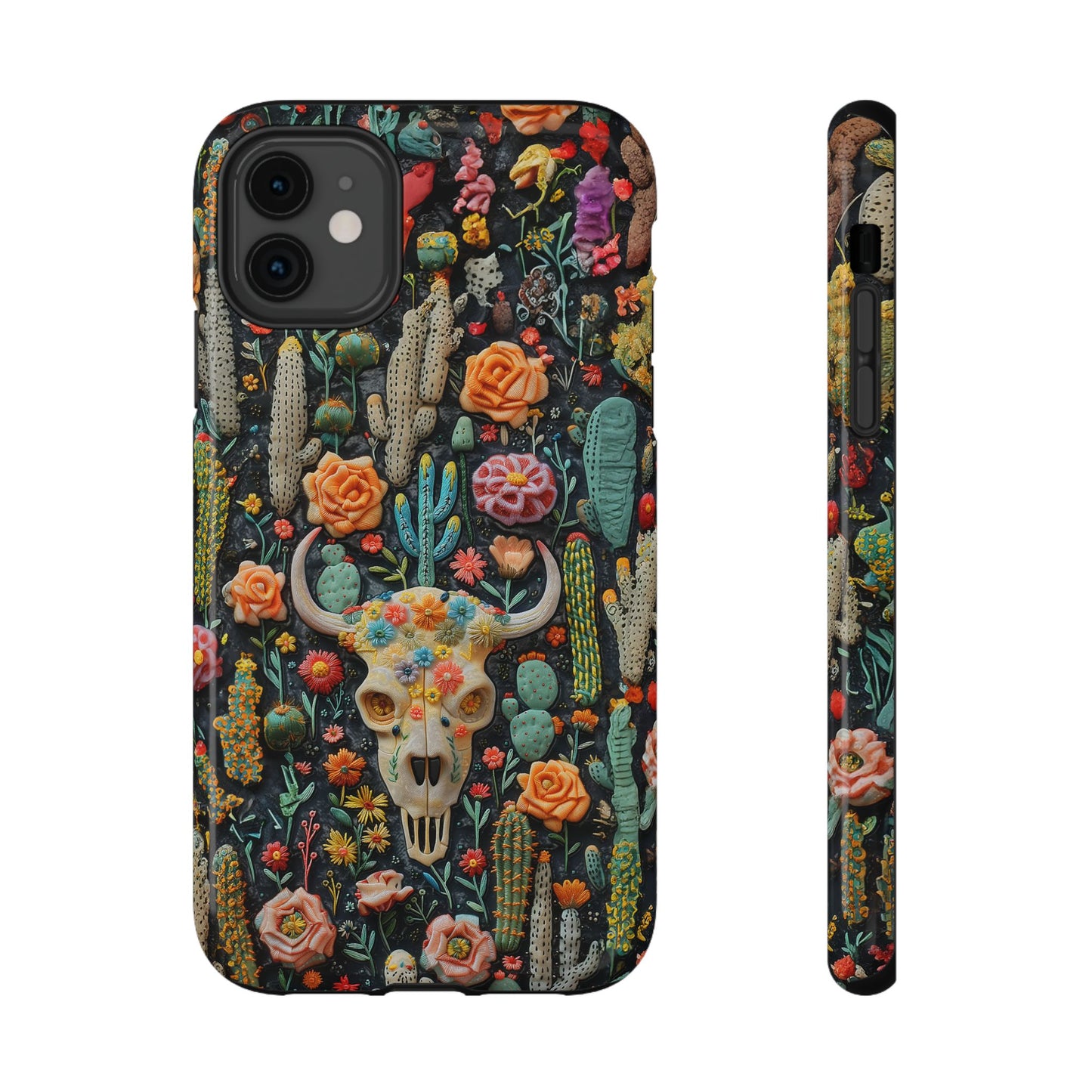 Embroidery look Cute Pink Cow Skull and Cactus| Vintage Western |  Impact Resistant Phone Case