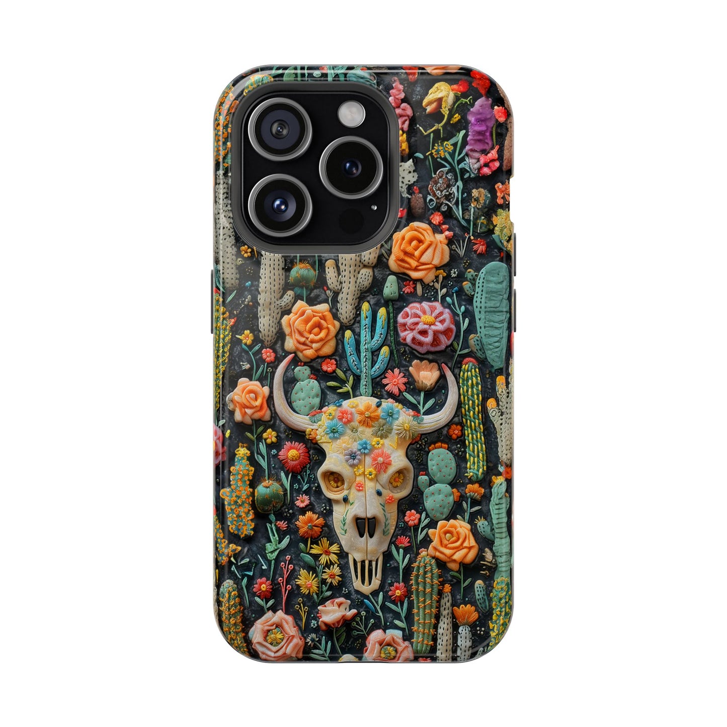 Embroidery look Cute Pink Cow Skull and Cactus| Vintage Western |  Impact Resistant Phone Case