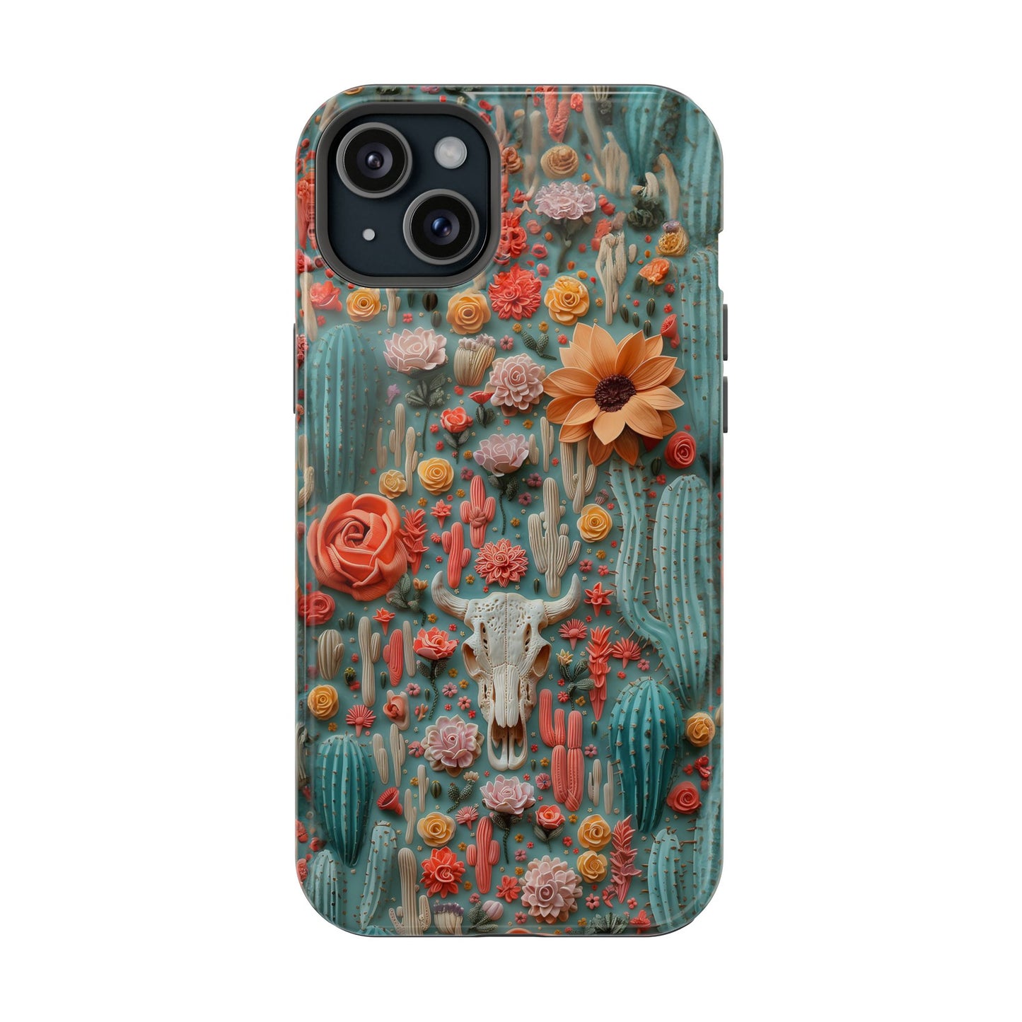 Embroidery look Cute Pink Cow Skull and Cactus| Vintage Western |  Impact Resistant Phone Case