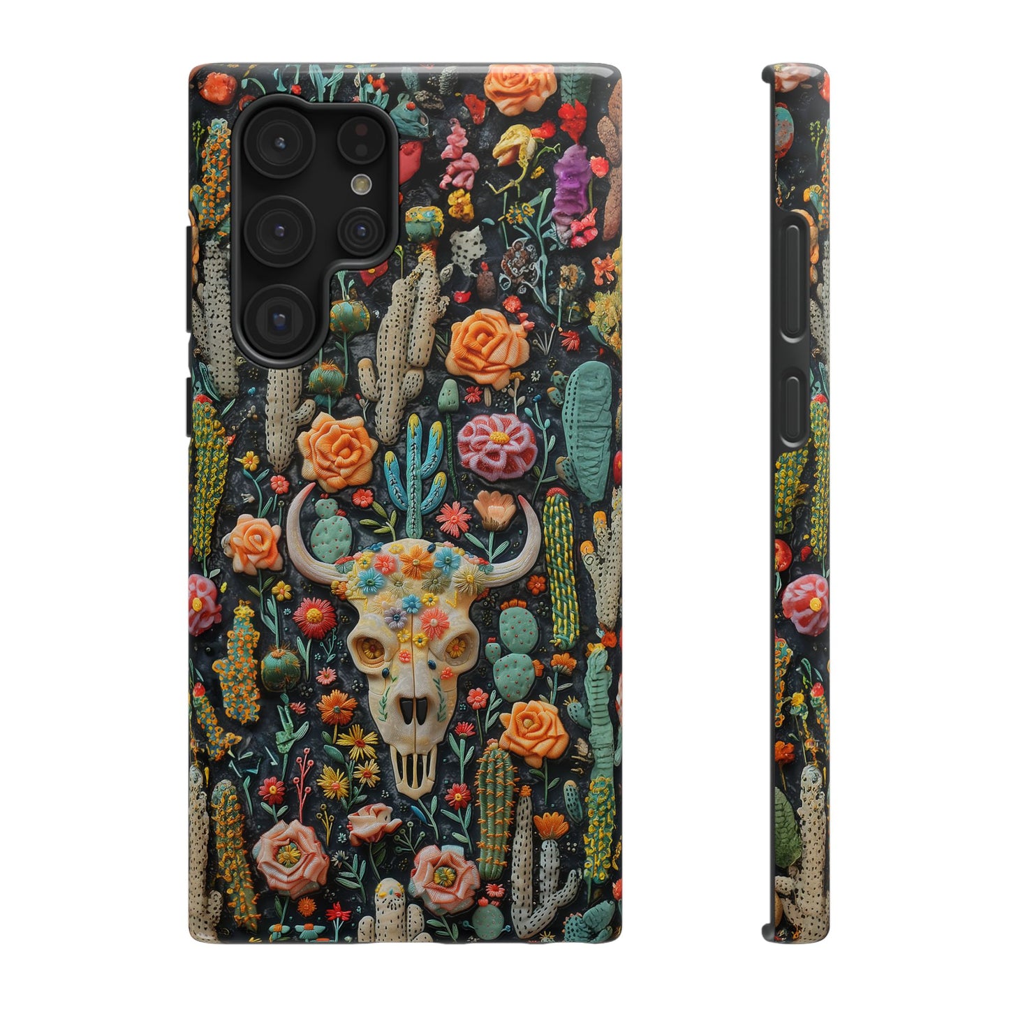 Embroidery look Cute Pink Cow Skull and Cactus| Vintage Western |  Impact Resistant Phone Case