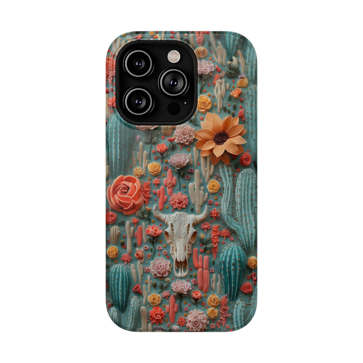 Embroidery look Cute Pink Cow Skull and Cactus| Vintage Western |  Impact Resistant Phone Case