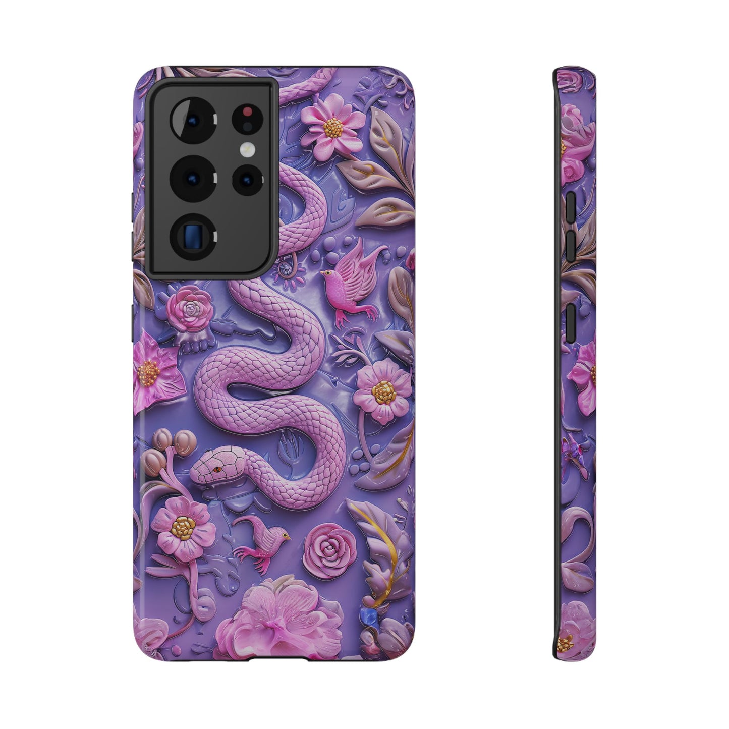 Embroidery look Cute Pink Snakes and Flowers Impact Resistant Phone Case