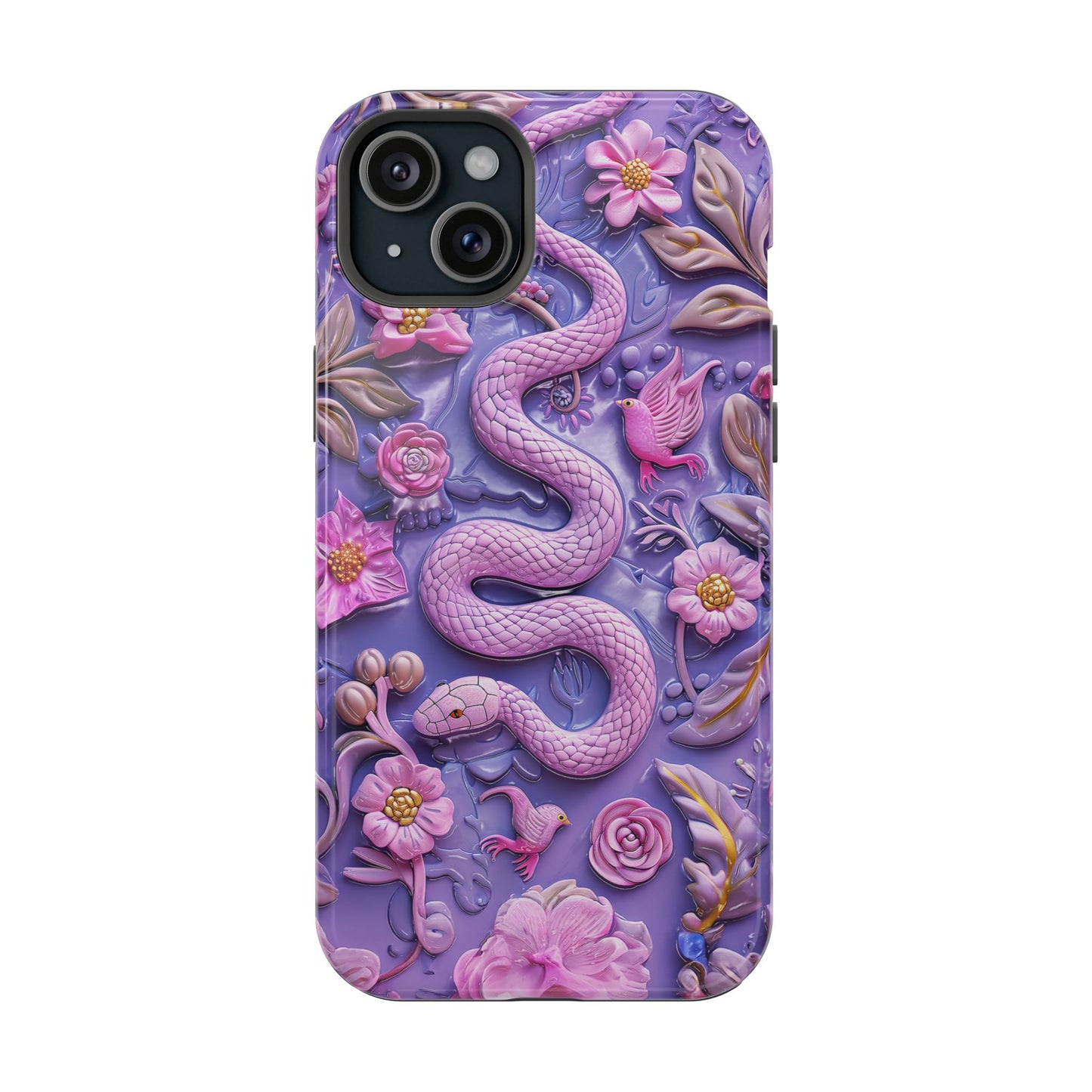 Embroidery look Cute Pink Snakes and Flowers Impact Resistant Phone Case