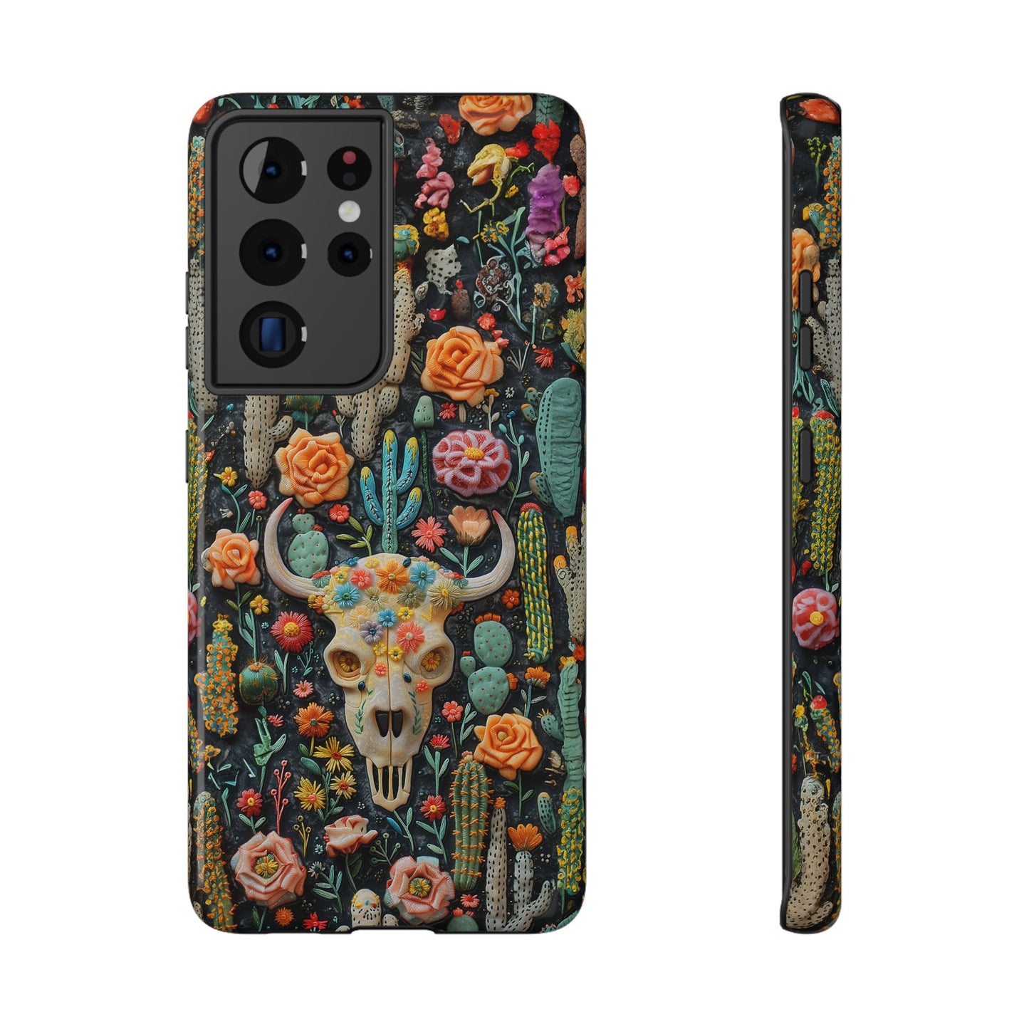 Embroidery look Cute Pink Cow Skull and Cactus| Vintage Western |  Impact Resistant Phone Case