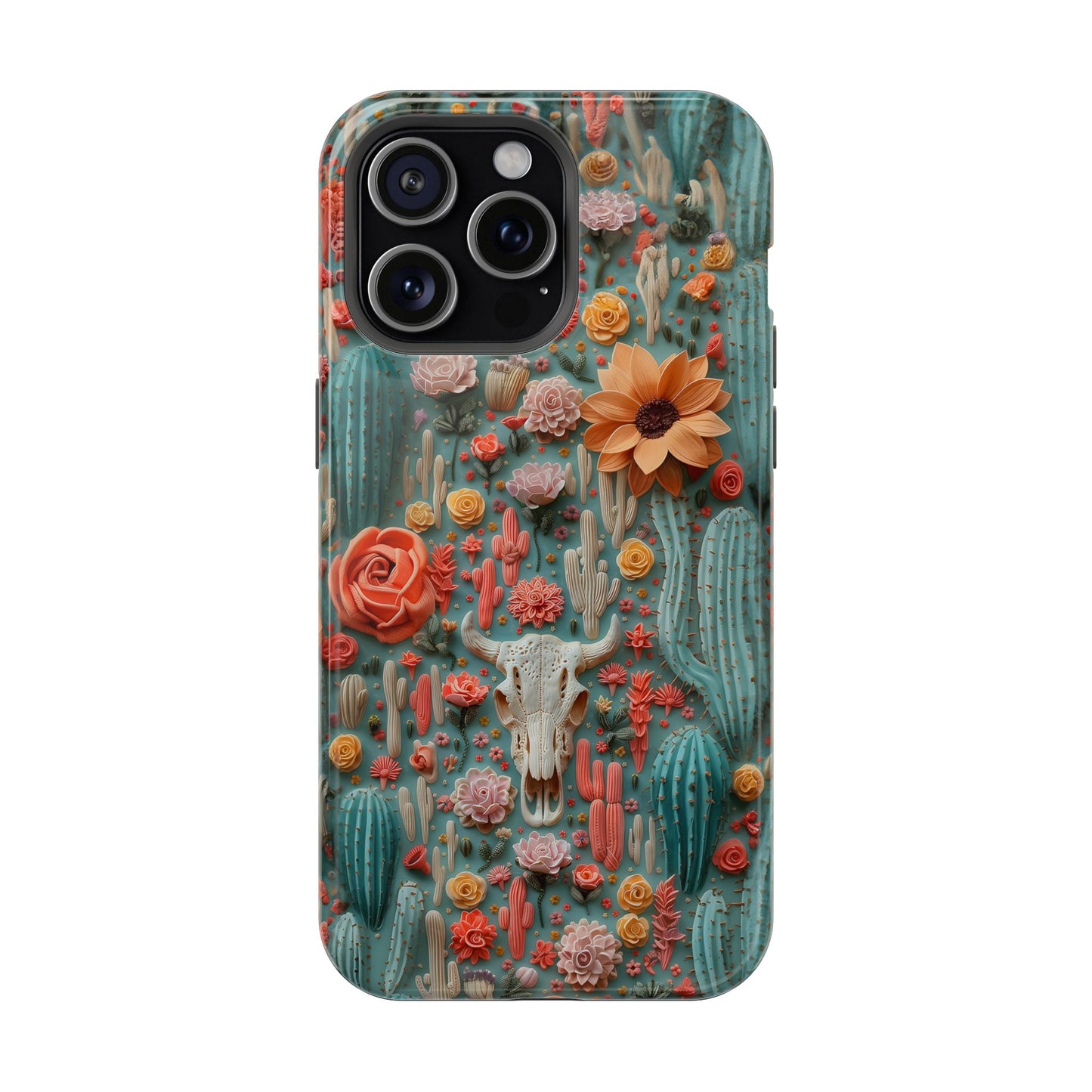 Embroidery look Cute Pink Cow Skull and Cactus| Vintage Western |  Impact Resistant Phone Case