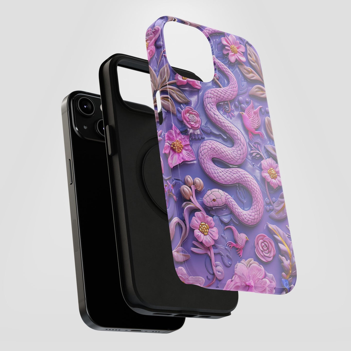 Embroidery look Cute Pink Snakes and Flowers Impact Resistant Phone Case