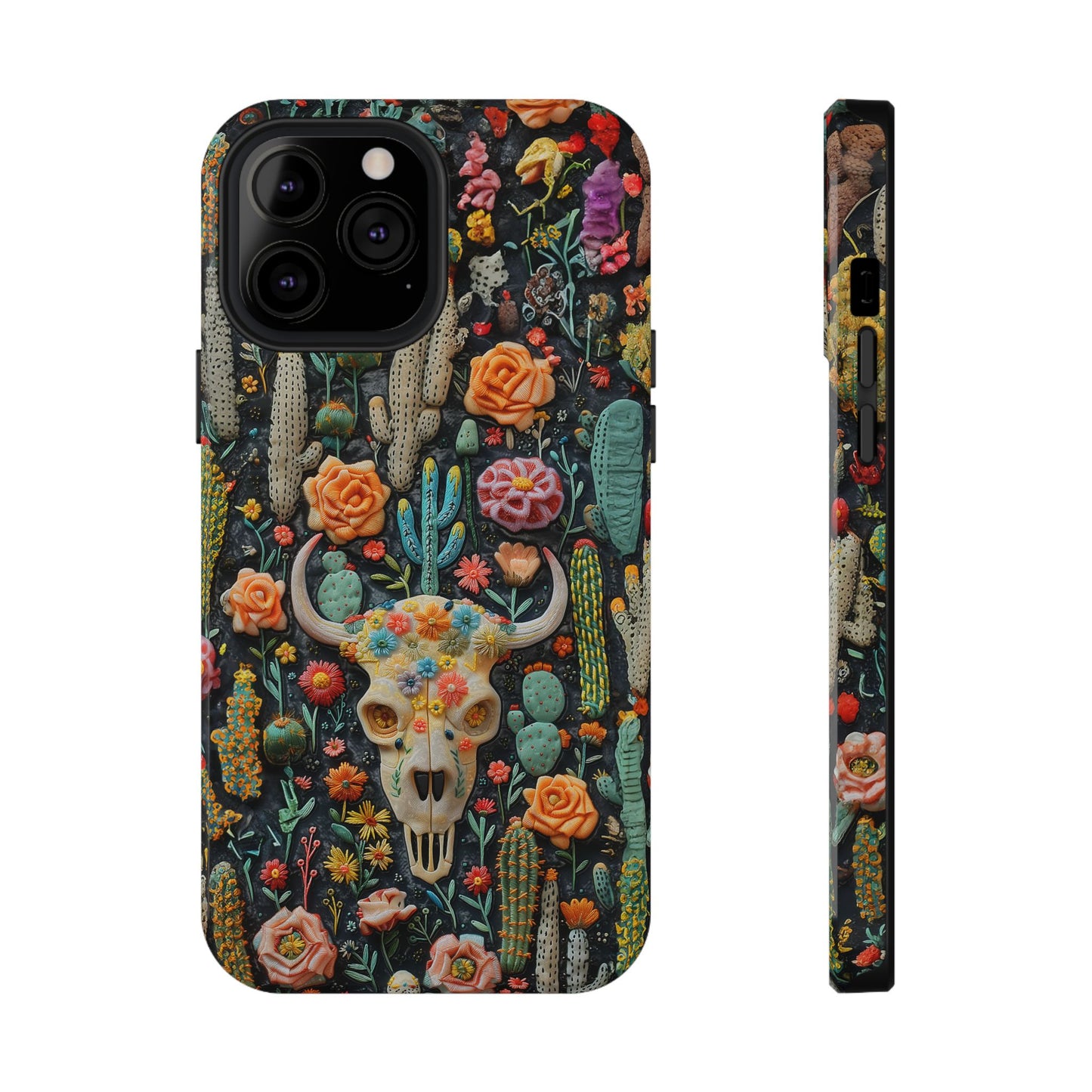 Embroidery look Cute Pink Cow Skull and Cactus| Vintage Western |  Impact Resistant Phone Case