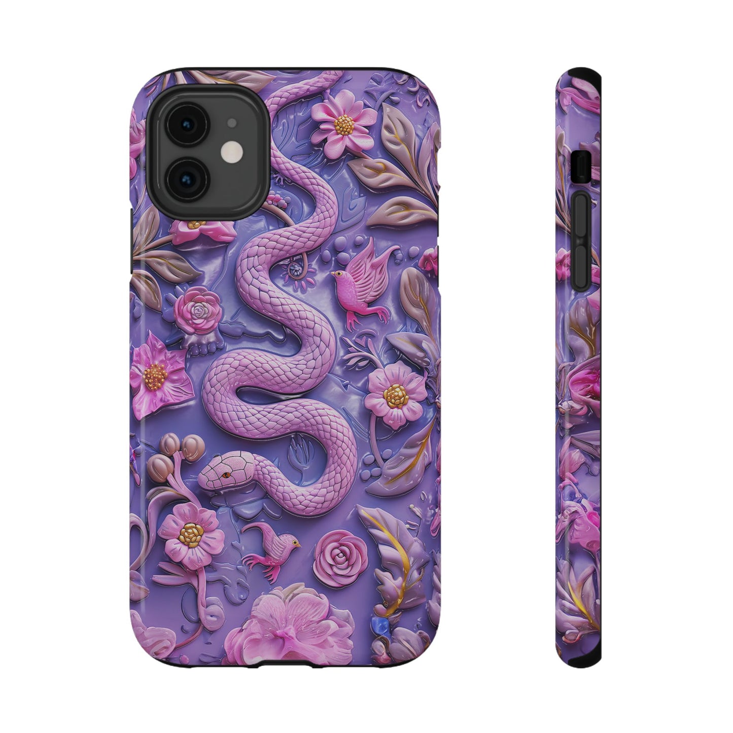 Embroidery look Cute Pink Snakes and Flowers Impact Resistant Phone Case