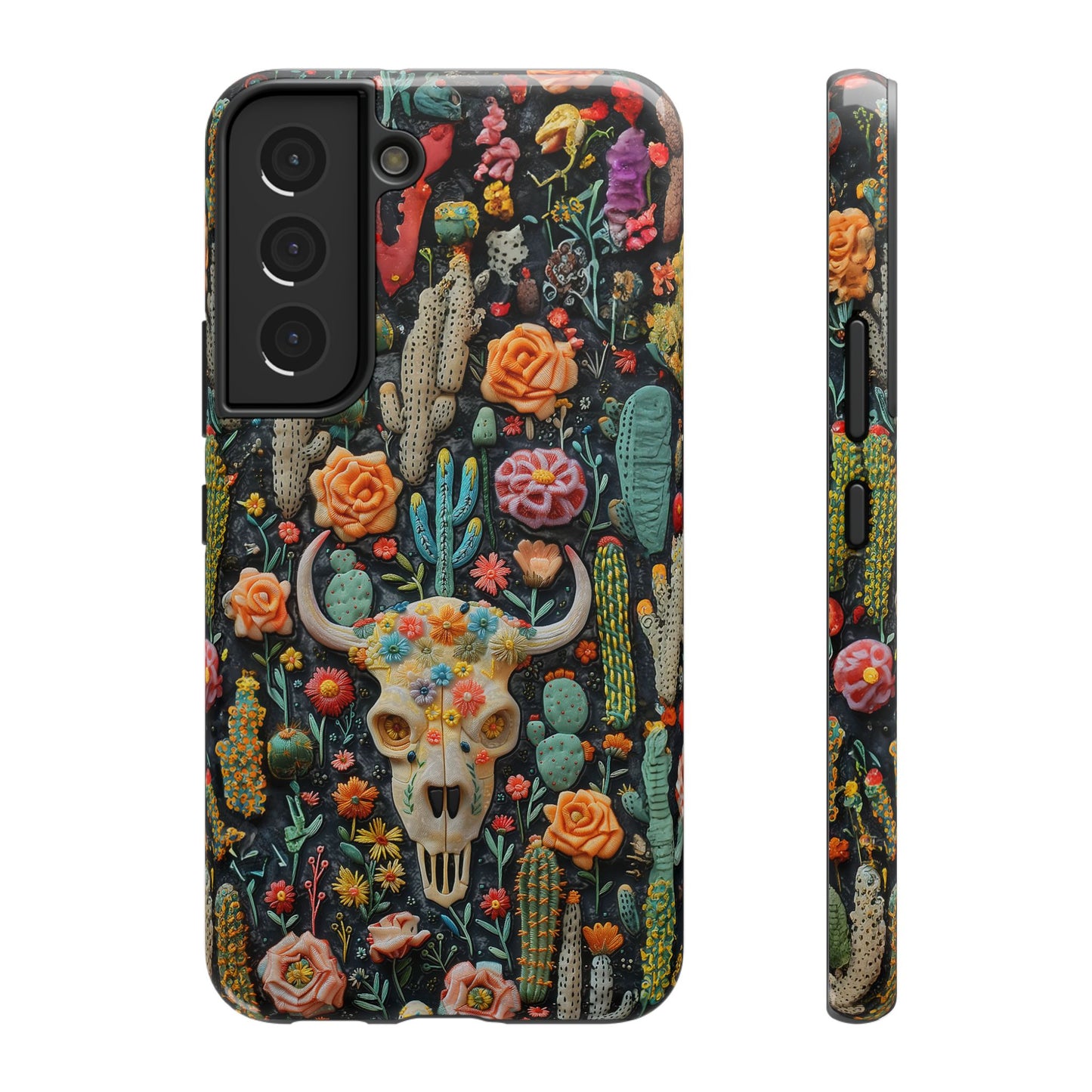 Embroidery look Cute Pink Cow Skull and Cactus| Vintage Western |  Impact Resistant Phone Case