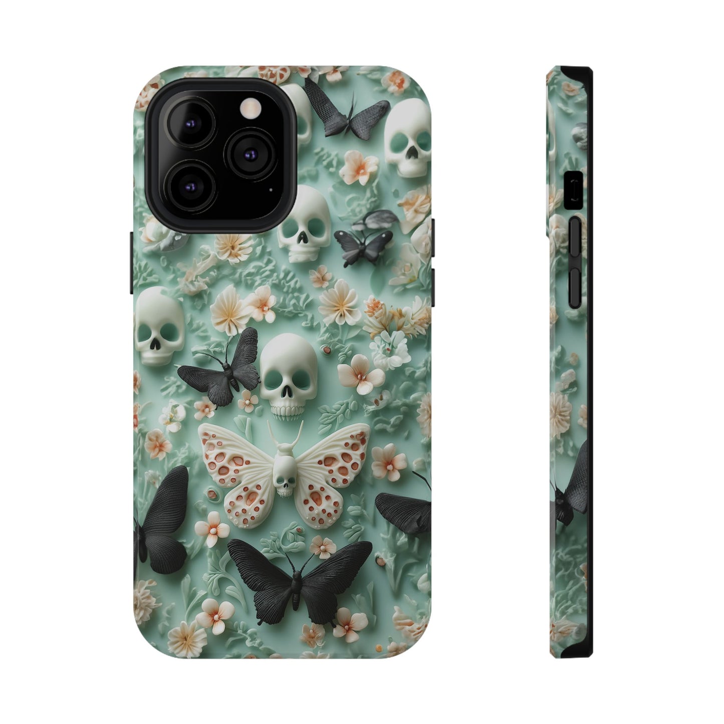 Embroidery look cute Black Butterflies Skulls | Pastel Goth | Impact Resistant Phone Case