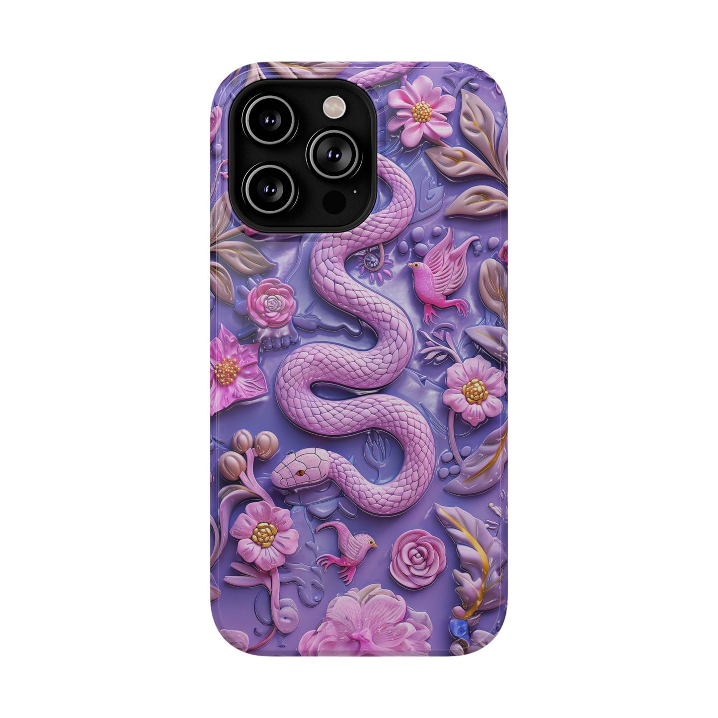 Embroidery look Cute Pink Snakes and Flowers Impact Resistant Phone Case