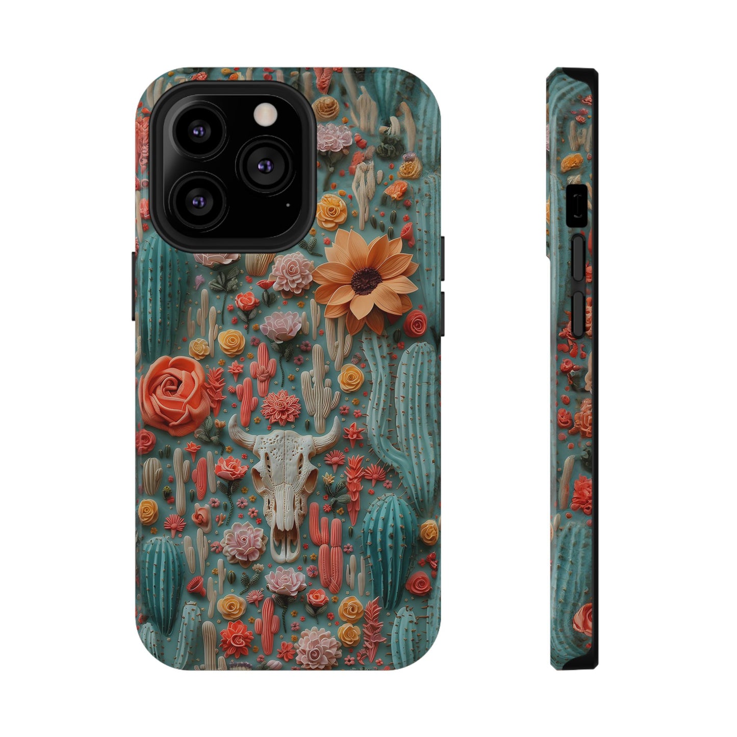 Embroidery look Cute Pink Cow Skull and Cactus| Vintage Western |  Impact Resistant Phone Case