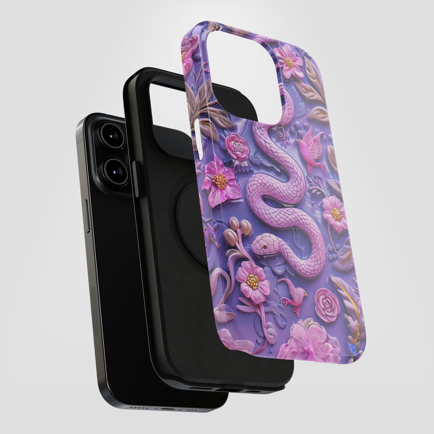 Embroidery look Cute Pink Snakes and Flowers Impact Resistant Phone Case