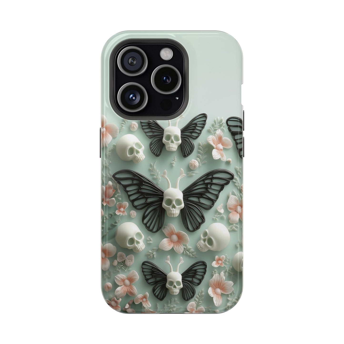 Embroidery look cute Black Butterflies Skulls | Pastel Goth | Impact Resistant Phone Case