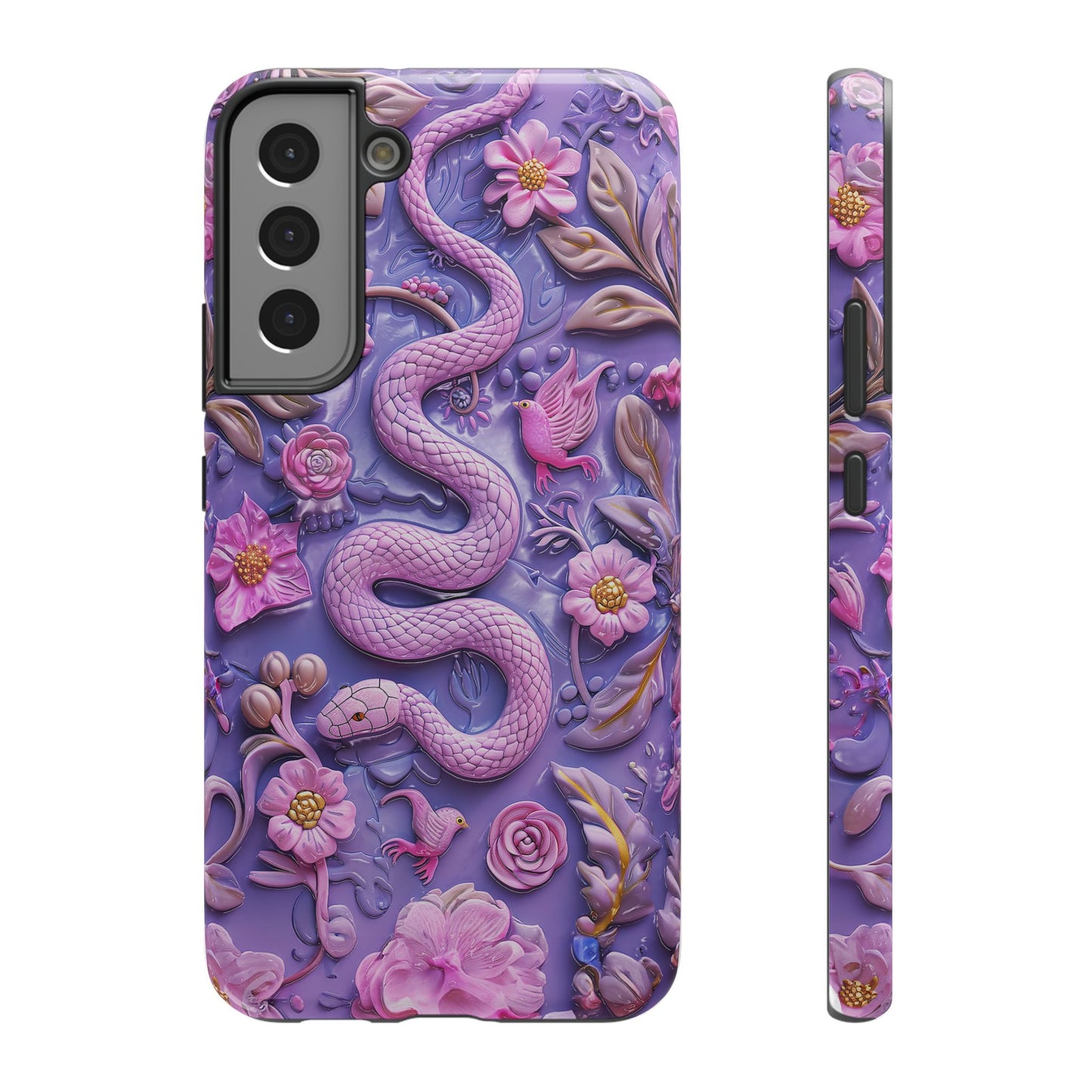 Embroidery look Cute Pink Snakes and Flowers Impact Resistant Phone Case