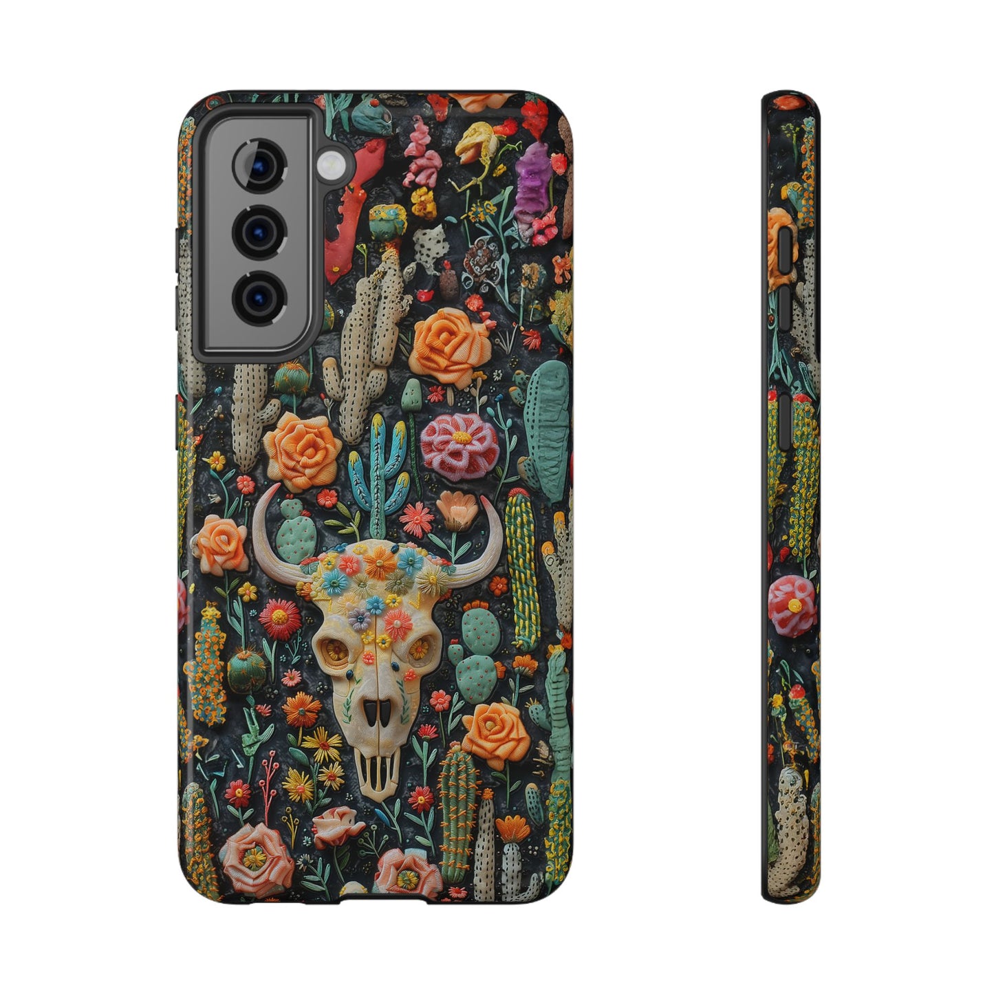 Embroidery look Cute Pink Cow Skull and Cactus| Vintage Western |  Impact Resistant Phone Case