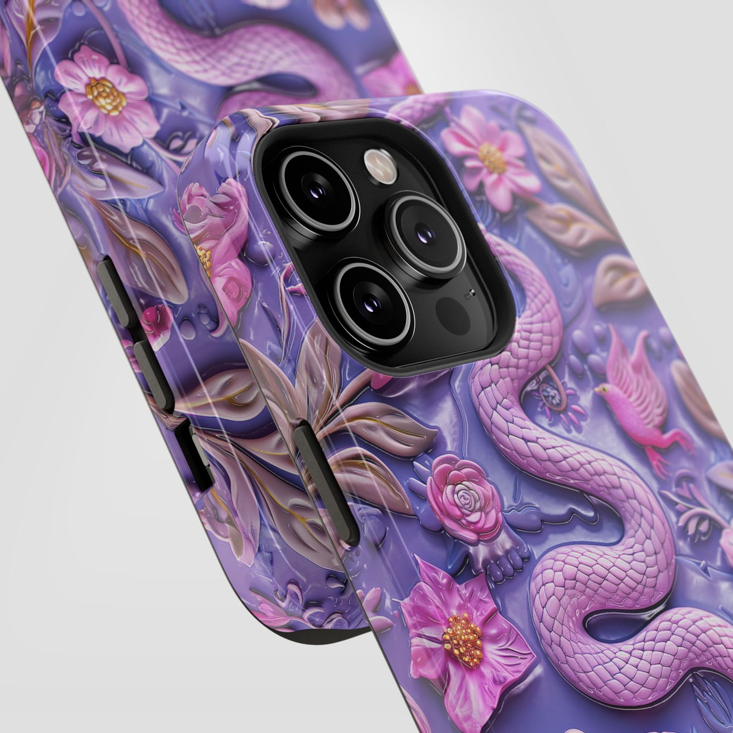 Embroidery look Cute Pink Snakes and Flowers Impact Resistant Phone Case