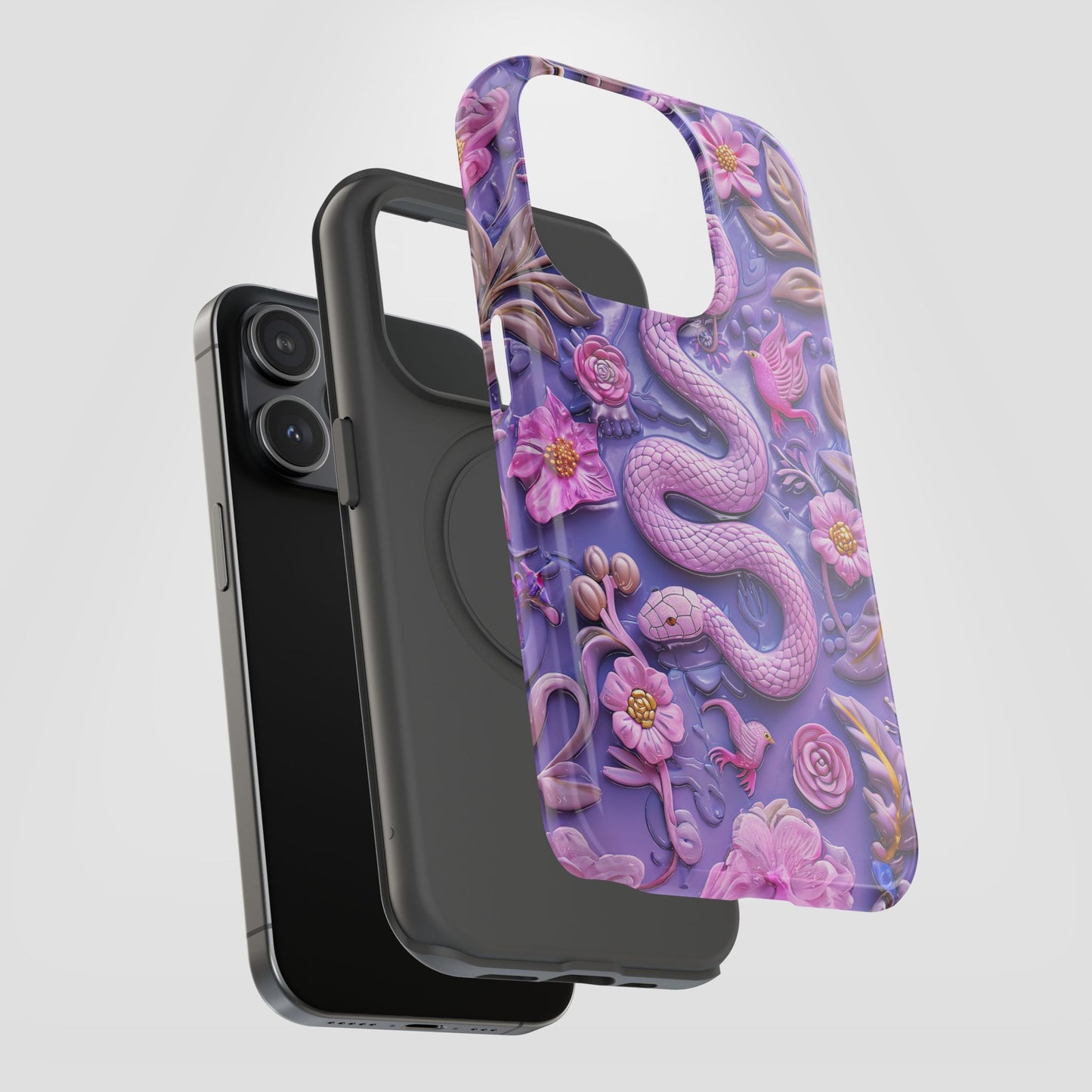 Embroidery look Cute Pink Snakes and Flowers Impact Resistant Phone Case