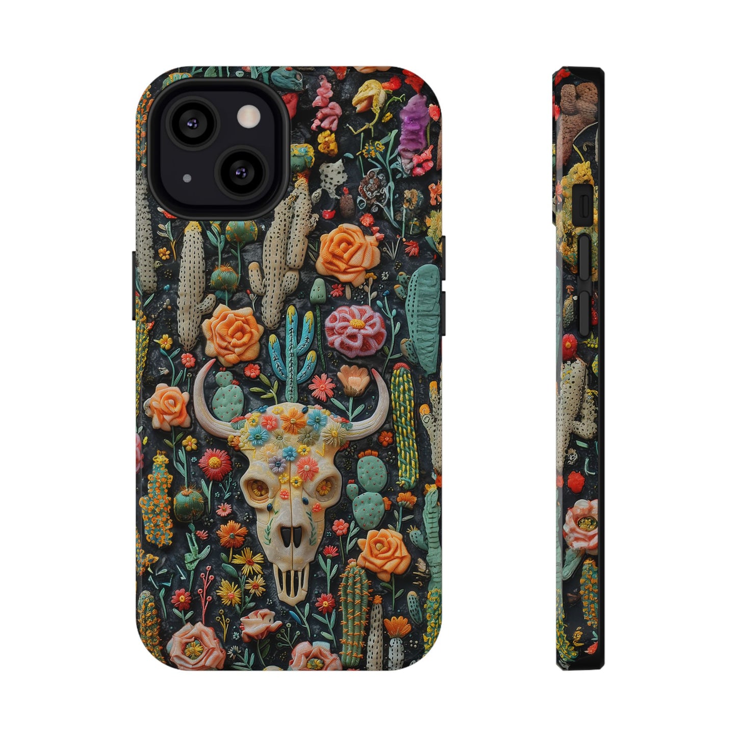 Embroidery look Cute Pink Cow Skull and Cactus| Vintage Western |  Impact Resistant Phone Case