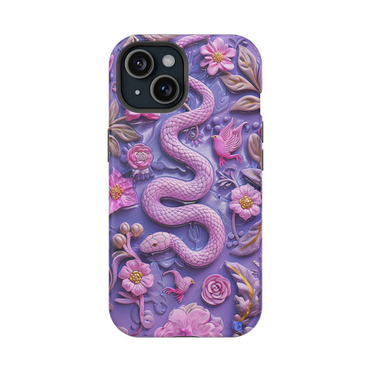 Embroidery look Cute Pink Snakes and Flowers Impact Resistant Phone Case