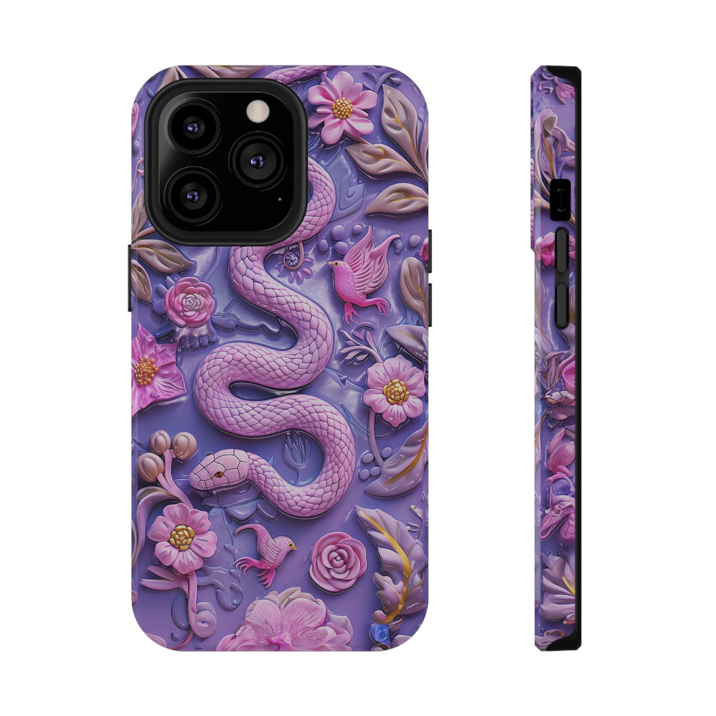 Embroidery look Cute Pink Snakes and Flowers Impact Resistant Phone Case