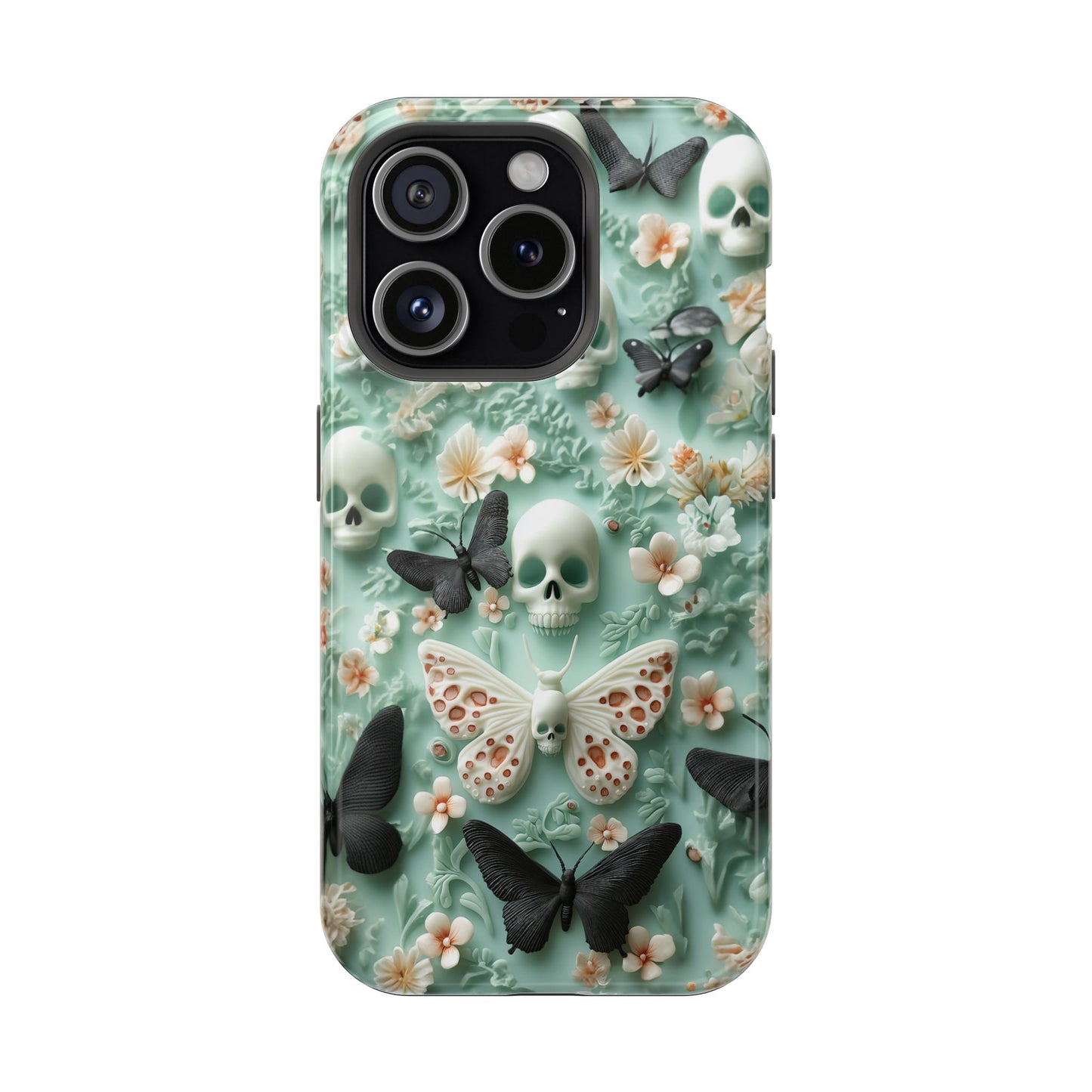 Embroidery look cute Black Butterflies Skulls | Pastel Goth | Impact Resistant Phone Case