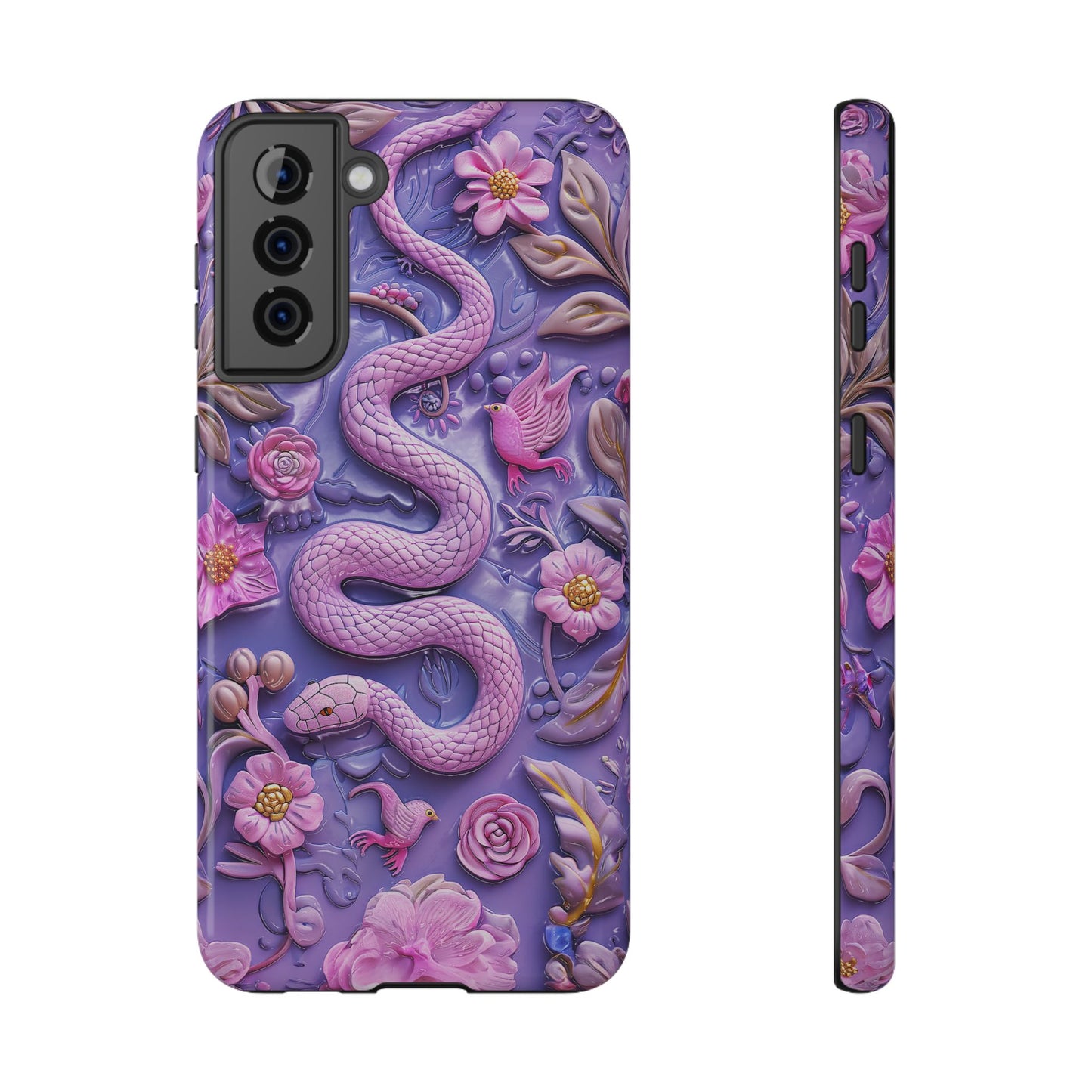 Embroidery look Cute Pink Snakes and Flowers Impact Resistant Phone Case