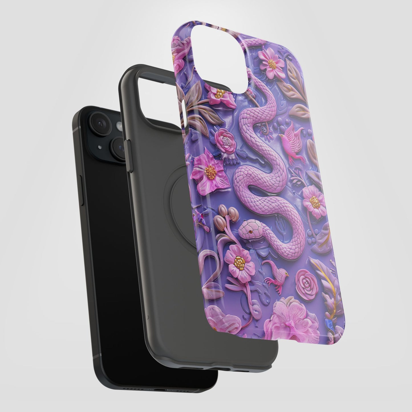 Embroidery look Cute Pink Snakes and Flowers Impact Resistant Phone Case