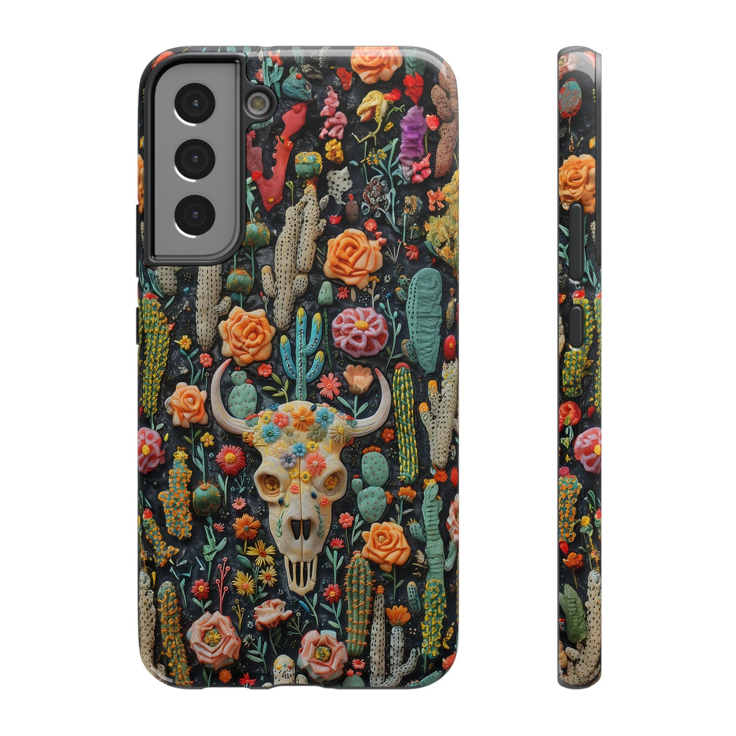 Embroidery look Cute Pink Cow Skull and Cactus| Vintage Western |  Impact Resistant Phone Case