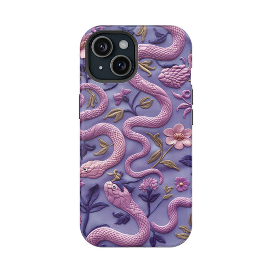 Embroidered 3D Look Pink Snakes and Flowers Phone Cover Cottagecore Vintage Impact Resistant Phone Case