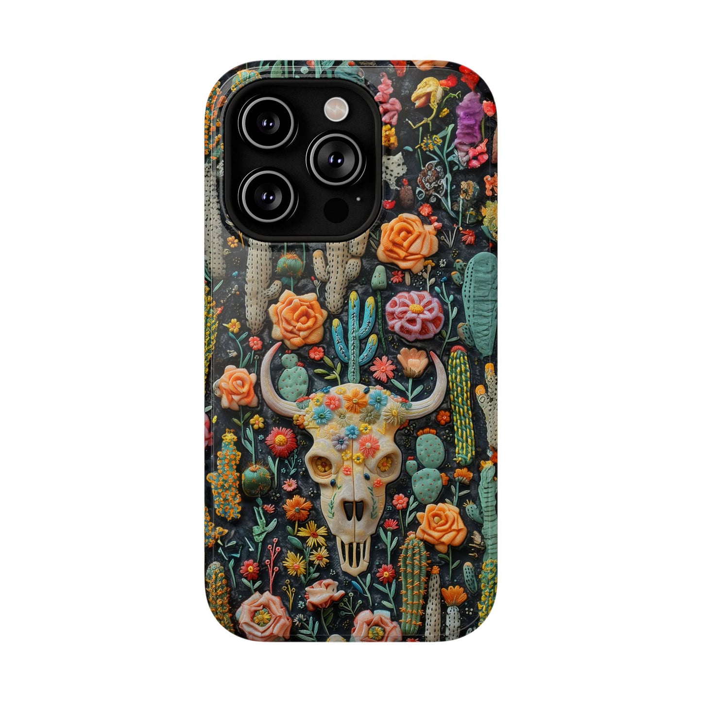 Embroidery look Cute Pink Cow Skull and Cactus| Vintage Western |  Impact Resistant Phone Case