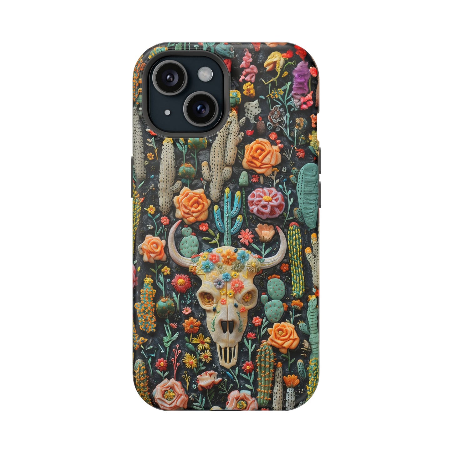 Embroidery look Cute Pink Cow Skull and Cactus| Vintage Western |  Impact Resistant Phone Case