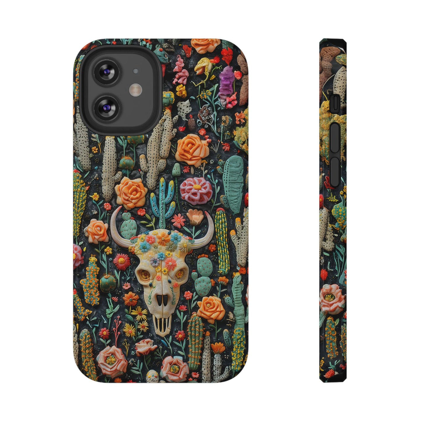 Embroidery look Cute Pink Cow Skull and Cactus| Vintage Western |  Impact Resistant Phone Case